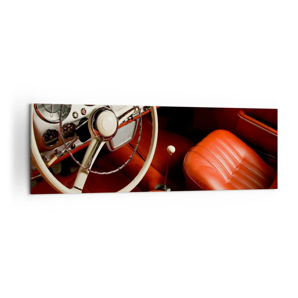 Bild auf Leinwand - Leinwandbild - Oldtimer-Innenraum mit roten Ledersitzen - 160x50cm - Luxus im Vintagestil - Moderne Wanddekoration für Wohnzimmer und Schlafzimmer ARTTOR