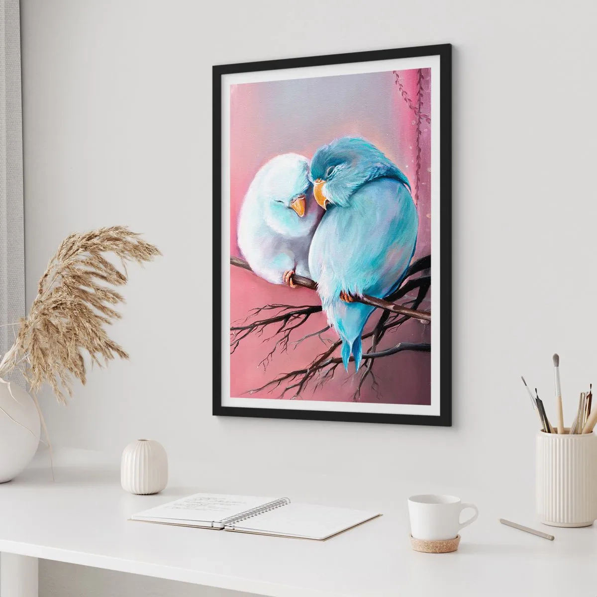 Poster in einem schwarzem Rahmen - Zwei Vögel sitzen auf einem Ast in einer romantischen Umgebung - 50x70cm - Was kann ich hier hinzufügen? ... - Moderne Wanddekoration für Wohnzimmer und Schlafzimmer ARTTOR