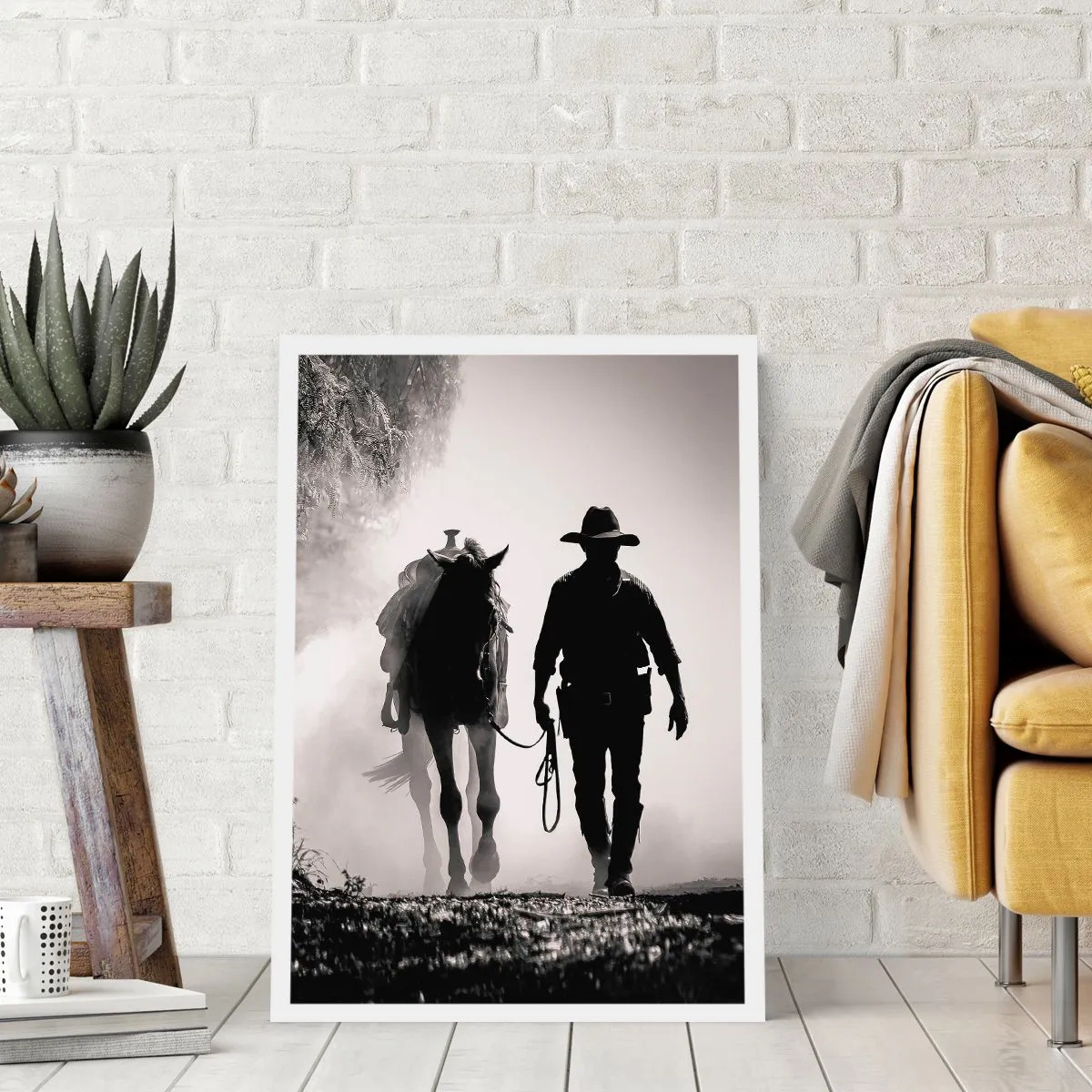 Poster - Silhouette eines Cowboys mit seinem Pferd im Morgennebel - 50x70cm - Texas-Morgen - Moderne Wanddekoration für Wohnzimmer und Schlafzimmer ARTTOR