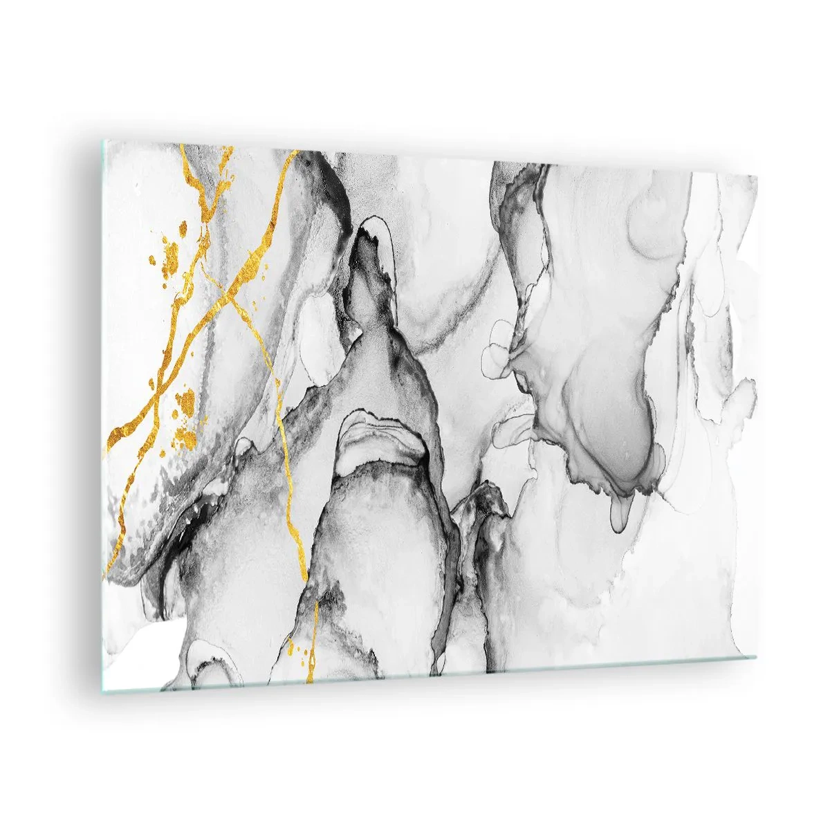 Glasbild - Bild auf glas - Abstrakte Schwarz-Weiß-Komposition mit goldenem Akzent - 70x50cm - Komposition mit Goldmotiv - Moderne Wanddekoration für Wohnzimmer und Schlafzimmer ARTTOR