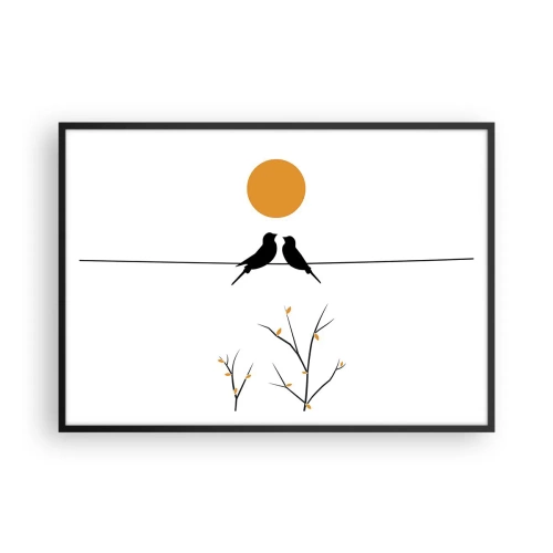 Poster in einem schwarzem Rahmen - Vögel auf einer Linie mit einer gelben Sonne - 100x70cm - Abend der Nachtigallen - Moderne Wanddekoration für Wohnzimmer und Schlafzimmer ARTTOR