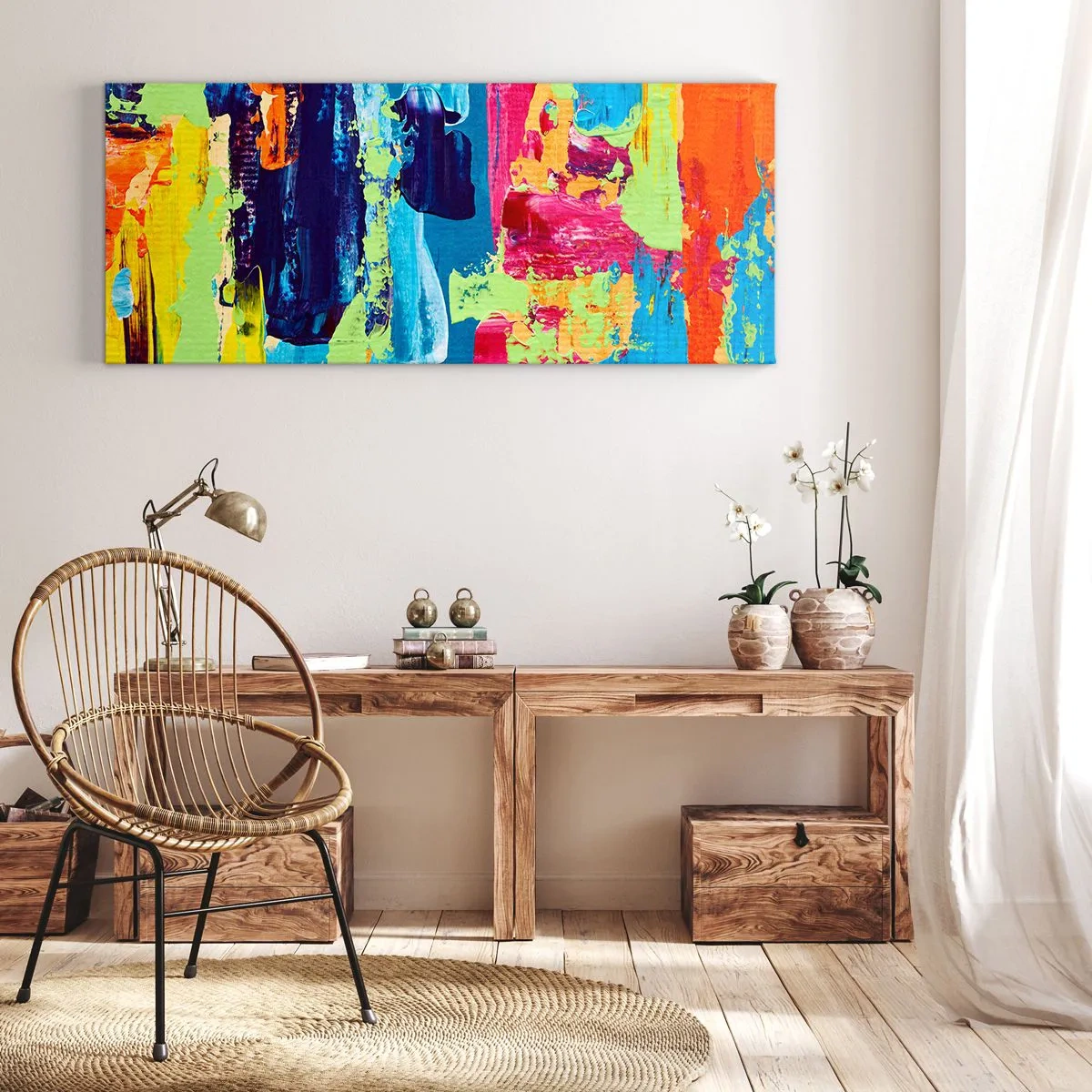 Bild auf Leinwand - Leinwandbild - Abstrakte Farbkomposition in dynamischer Form - 140x50cm - Das Leben ist wunderschoen! - Moderne Wanddekoration für Wohnzimmer und Schlafzimmer ARTTOR