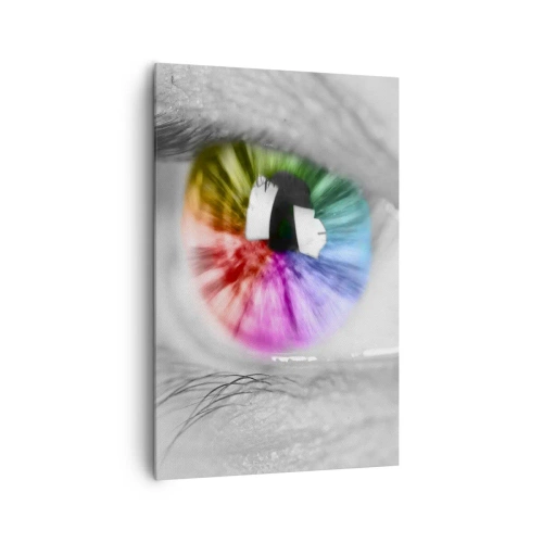 Bild auf Leinwand - Leinwandbild - Künstlerische Aufnahme eines Auges mit einer Regenbogeniris auf grauem Hintergrund - 80x120cm - Schau dir die Welt in Farbe an - Moderne Wanddekoration für Wohnzimmer und Schlafzimmer ARTTOR