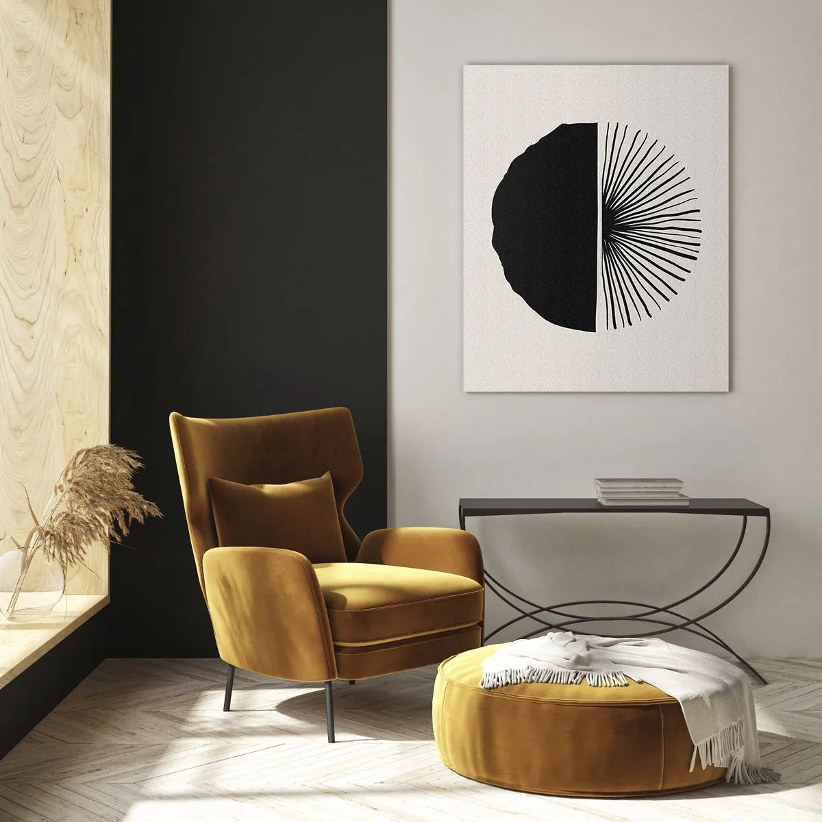 Glasbild - Bild auf glas - Eine schwarze geometrische Form mit einem Fächer aus Linien auf cremefarbenem Hintergrund. - 50x70cm - Eine Reihe von Möglichkeiten - Moderne Wanddekoration für Wohnzimmer und Schlafzimmer ARTTOR