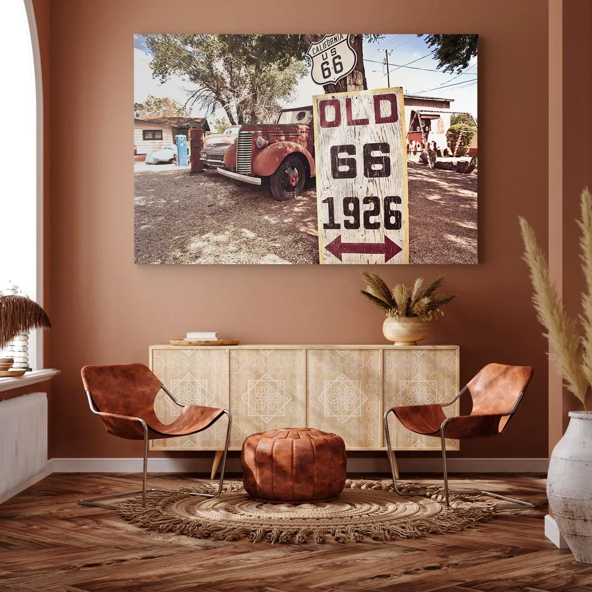 Bild auf Leinwand - Leinwandbild - Retro-Auto und Route 66-Schild in rustikalem Ambiente - 70x50cm - Die Legende der amerikanischen Provinz - Moderne Wanddekoration für Wohnzimmer und Schlafzimmer ARTTOR
