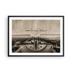 Poster in einem schwarzem Rahmen - Eine Schreibmaschine mit den Worten „Was ist Ihre Geschichte?“ - 70x50cm - Erzähl es mir - Moderne Wanddekoration für Wohnzimmer und Schlafzimmer ARTTOR