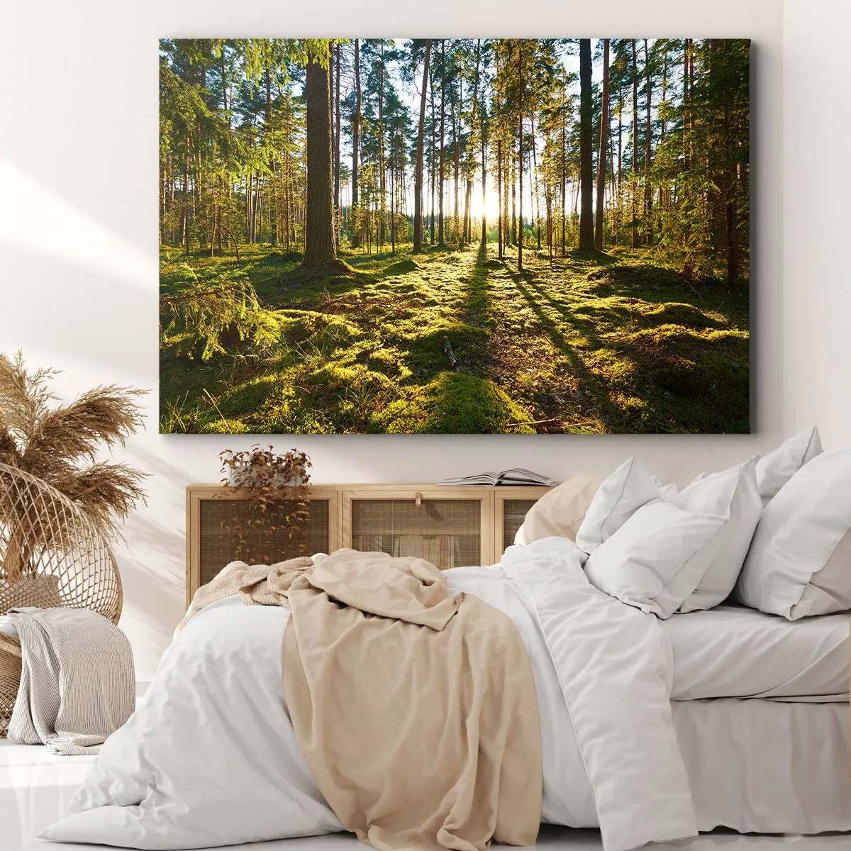 Bild auf Leinwand - Leinwandbild - Grüner Wald, beleuchtet durch Sonnenlicht auf dem Moos - 100x70cm - … Hinter den sieben Wäldern - Moderne Wanddekoration für Wohnzimmer und Schlafzimmer ARTTOR