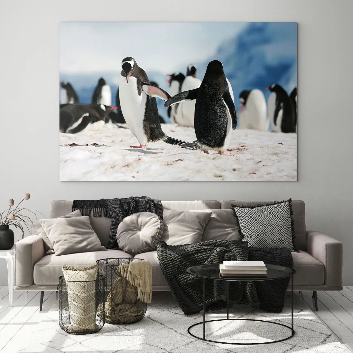 Glasbild - Bild auf glas - Pinguine im Schnee in einer Polarlandschaft - 70x50cm - Tanzen im Schnee - Moderne Wanddekoration für Wohnzimmer und Schlafzimmer ARTTOR