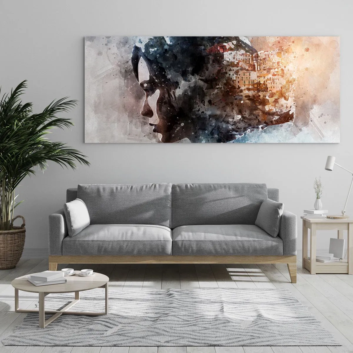 Glasbild - Bild auf glas - Porträt einer Frau, die ihr Gesicht mit einer Stadtlandschaft im Hintergrund kombiniert - 120x50cm - Eine Geschichte über ein Mädchen mit einer Stadt im Hintergrund - Moderne Wanddekoration für Wohnzimmer und Schlafzimmer ARTTOR