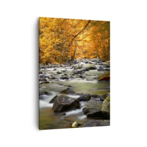 Bild auf Leinwand - Leinwandbild - Ein Bach in einem herbstlichen Wald, umgeben von goldenen Blättern - 50x70cm - Ein Bach in einem goldenen Wald - Moderne Wanddekoration für Wohnzimmer und Schlafzimmer ARTTOR