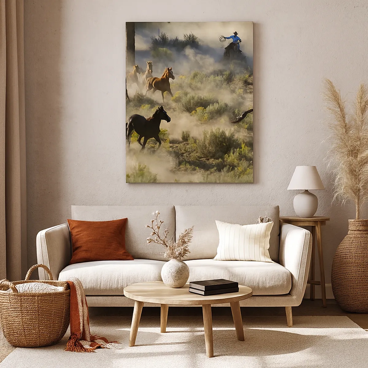 Bild auf Leinwand - Leinwandbild - Eine Herde wilder Pferde galoppiert durch Staub und Vegetation - 50x70cm - Rivalität – Freiheit oder männliche Stärke? - Moderne Wanddekoration für Wohnzimmer und Schlafzimmer ARTTOR