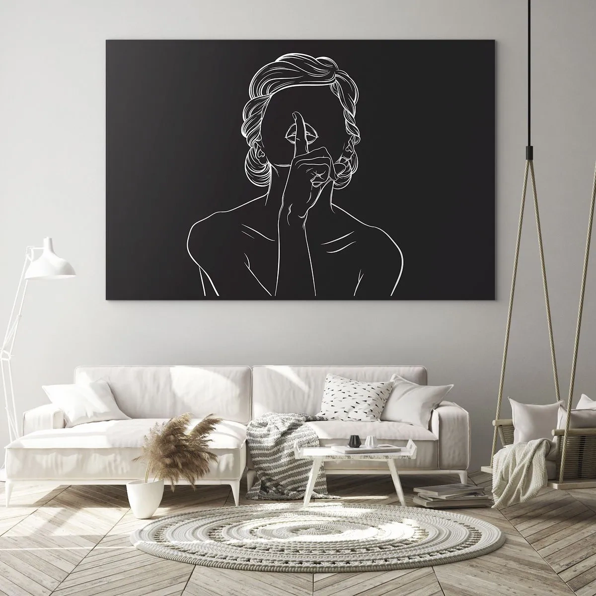 Glasbild - Bild auf glas - Eine minimalistische Silhouette einer Frau, die eine Geste des Schweigens macht. - 120x80cm - Schönheit erblüht in der Stille - Moderne Wanddekoration für Wohnzimmer und Schlafzimmer ARTTOR