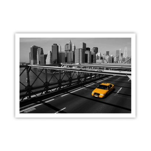 Poster - Gelbes Taxi auf einer Brücke mit Blick auf die Skyline von New York - 100x70cm - Die Farbe einer Großstadt - Moderne Wanddekoration für Wohnzimmer und Schlafzimmer ARTTOR