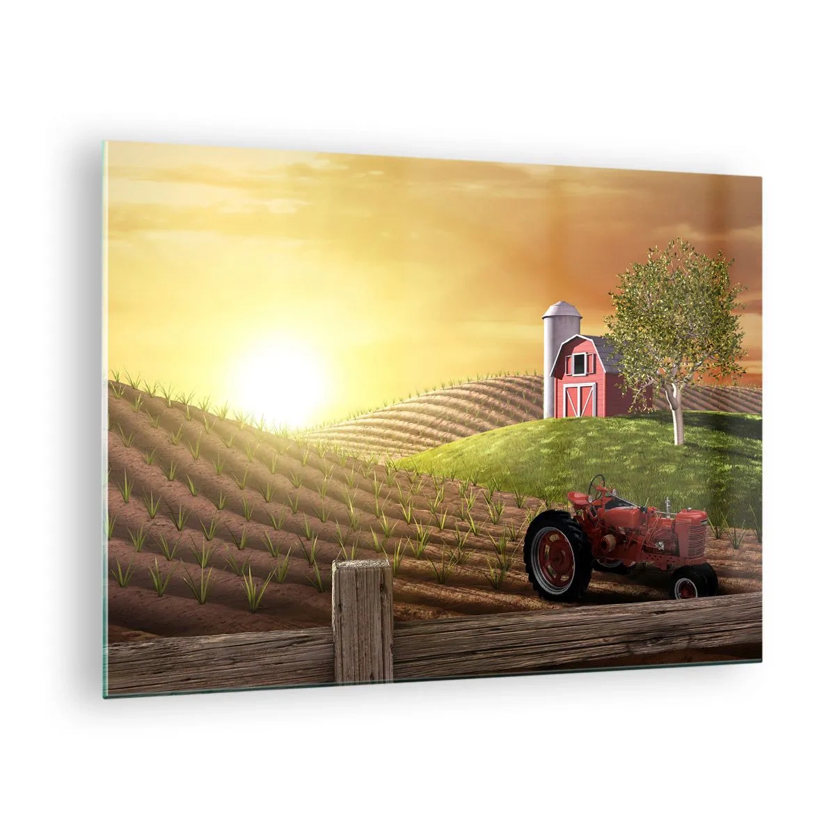 Glasbild - Bild auf glas - Sonnenuntergang über einem Bauernhof mit einem Feld und einem Traktor - 70x50cm - Ein Bauernhof wie aus einem Märchen - Moderne Wanddekoration für Wohnzimmer und Schlafzimmer ARTTOR