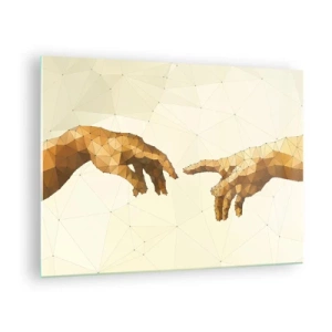 Glasbild - Bild auf glas - Eine stilisierte Version des Gemäldes „Die Erschaffung Adams“ in Polygontechnik - 70x50cm - Göttliche Geometrie - Moderne Wanddekoration für Wohnzimmer und Schlafzimmer ARTTOR