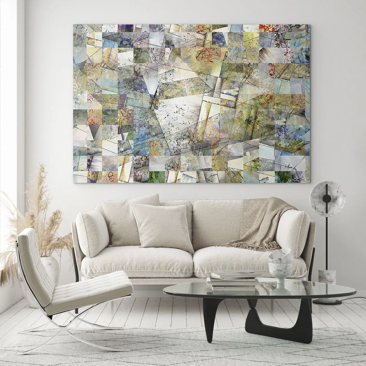 Glasbild - Bild auf glas - Eine farbenfrohe Komposition aus fragmentierten geometrischen Formen - 100x70cm - Geometrische Mischung - Moderne Wanddekoration für Wohnzimmer und Schlafzimmer ARTTOR