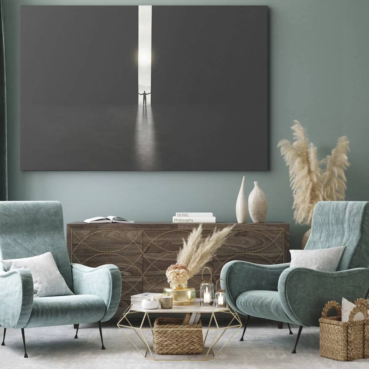 Bild auf Leinwand - Leinwandbild - Ein Mann steht im Licht eines schmalen Schlitzes in einem dunklen Raum - 120x80cm - Ein Schritt in eine strahlende Zukunft - Moderne Wanddekoration für Wohnzimmer und Schlafzimmer ARTTOR