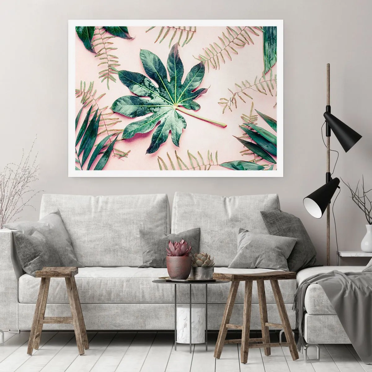 Poster - Tropische Blätter auf hellem Pastellhintergrund - 100x70cm - Eine Studie von Grün auf einem rosa Hintergrund - Moderne Wanddekoration für Wohnzimmer und Schlafzimmer ARTTOR