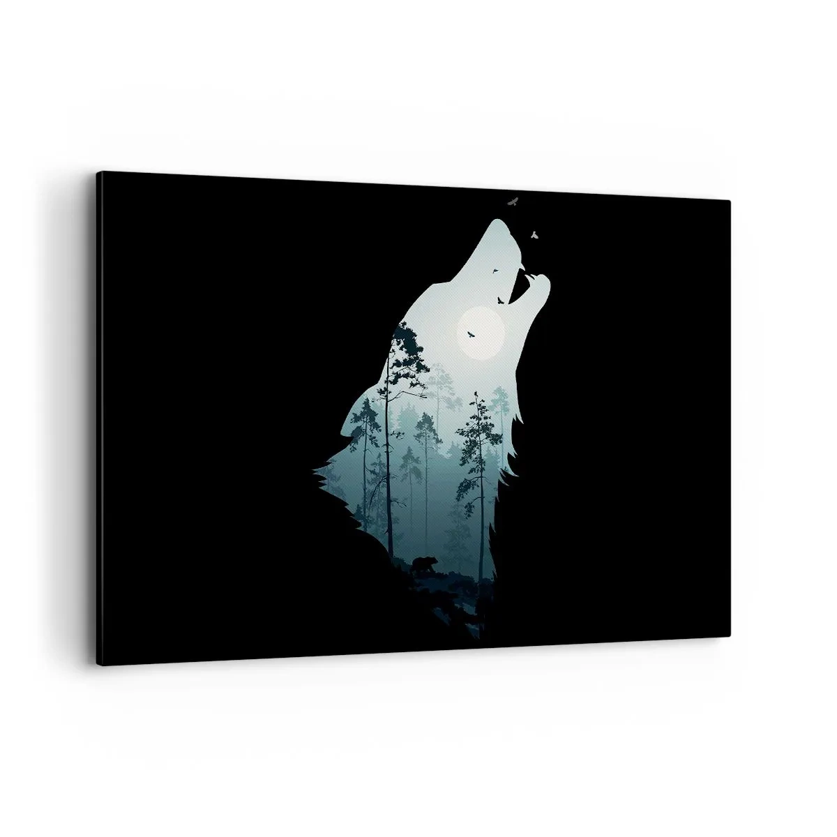 Bild auf Leinwand - Leinwandbild - Silhouette eines Wolfes mit Wald und Mond im Hintergrund - 120x80cm - Die Stimme der Waldnacht - Moderne Wanddekoration für Wohnzimmer und Schlafzimmer ARTTOR