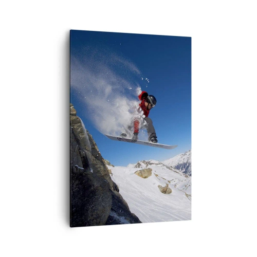 Bild auf Leinwand - Leinwandbild - Ein Snowboarder springt von einem Felsen vor einer Berglandschaft - 70x100cm - Und du wurdest Teil des Raums - Moderne Wanddekoration für Wohnzimmer und Schlafzimmer ARTTOR