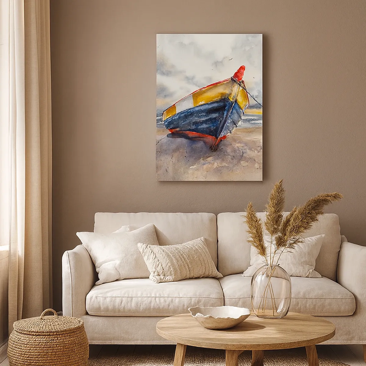 Bild auf Leinwand - Leinwandbild - Ein malerisches Boot am Strand unter einem bewölkten Himmel - 50x70cm - Erholung am Ufer - Moderne Wanddekoration für Wohnzimmer und Schlafzimmer ARTTOR