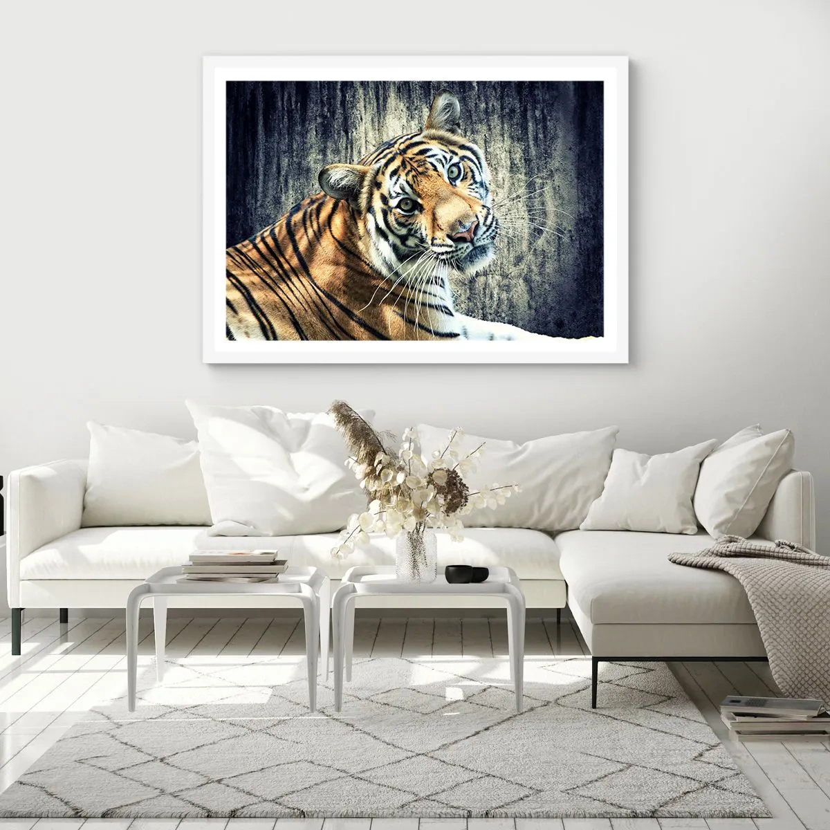 Poster in einem weißen Rahmen - Portrait in Lichtstrahlen - 100x70 cm