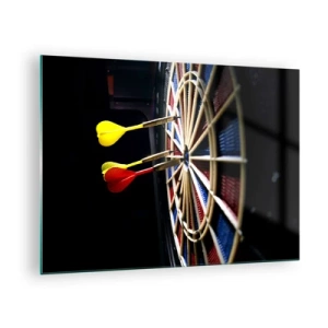 Glasbild - Bild auf glas - Darts treffen ein Ziel in einer dunklen Umgebung - 70x50cm - Auf den Punkt gebracht - Moderne Wanddekoration für Wohnzimmer und Schlafzimmer ARTTOR