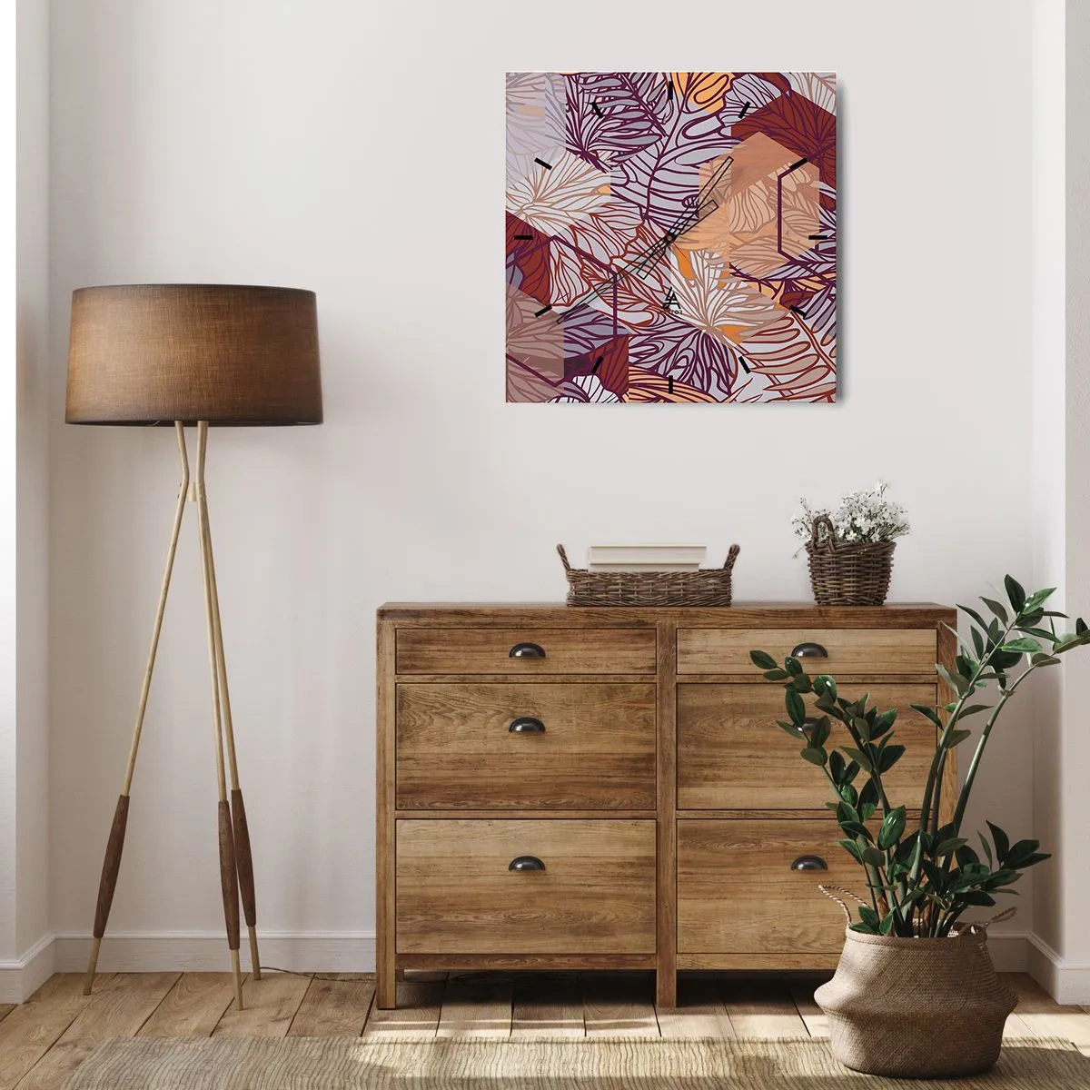 Wanduhr - Glasuhr - Ein dekoratives tropisches Blattmuster in Lila-, Orange- und Beigetönen. - 30x30cm - Unmögliche Beziehung zwischen Geometrie und Natur - Moderne Wanddekoration für Wohnzimmer und Schlafzimmer ARTTOR