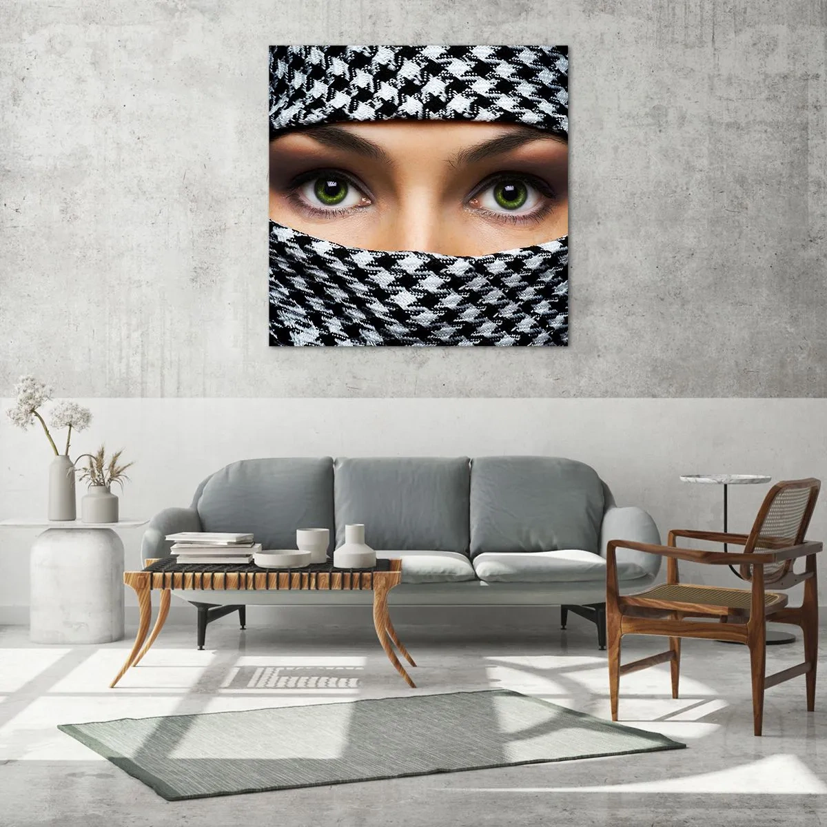 Glasbild - Bild auf glas - Ein Porträt einer verschleierten grünäugigen Schönheit - 70x70 cm