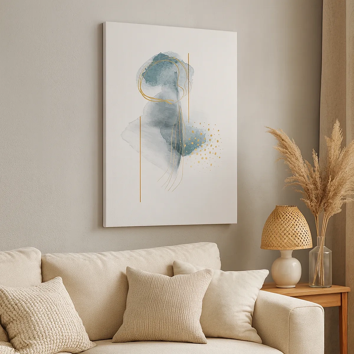 Bild auf Leinwand - Leinwandbild - Eine abstrakte Komposition in Türkis- und Goldtönen. - 50x70cm - Über das Verhältnis von Grau und Gold - Moderne Wanddekoration für Wohnzimmer und Schlafzimmer ARTTOR