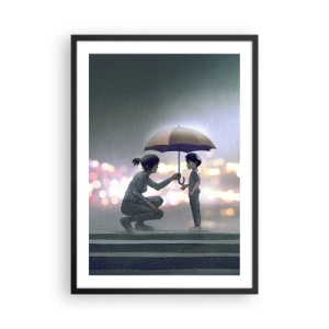 Poster in einem schwarzem Rahmen - Ein Erwachsener reicht einem Kind vor einem regnerischen Hintergrund einen Regenschirm - 50x70cm - Und jetzt ist alles in Ordnung - Moderne Wanddekoration für Wohnzimmer und Schlafzimmer ARTTOR