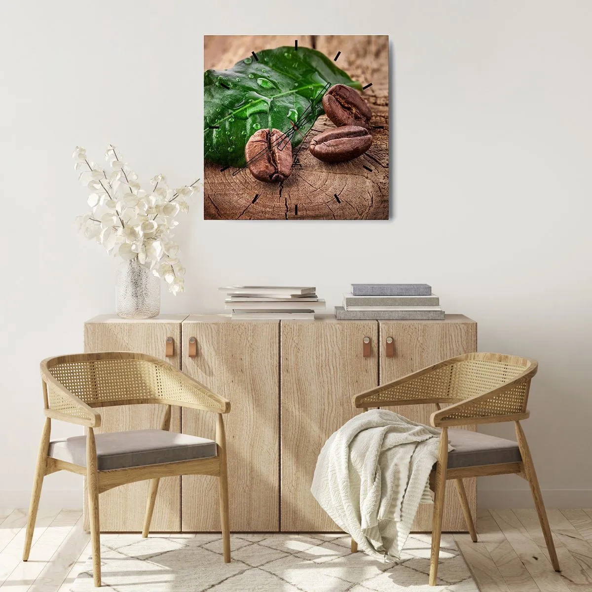 Wanduhr - Glasuhr - Kaffeebohnen und grünes Blatt auf einem hölzernen Hintergrund - 30x30cm - Der wahrste und schwarze - Moderne Wanddekoration für Wohnzimmer und Schlafzimmer ARTTOR