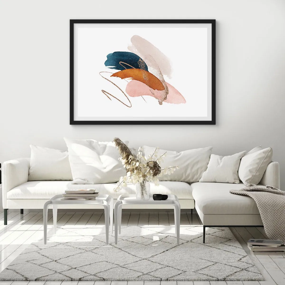 Poster in einem schwarzem Rahmen - Abstrakte Striche in Pastellfarben mit goldenen Akzenten - 70x50cm - Geflügelte Komposition - Moderne Wanddekoration für Wohnzimmer und Schlafzimmer ARTTOR