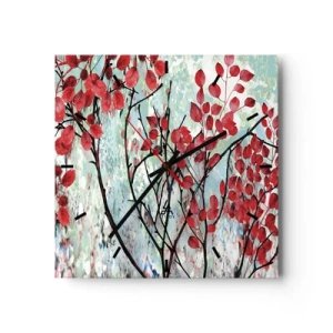 Wanduhr - Glasuhr - Rote Blätter vor einem hellen Himmel mit abstrakten Mustern - 30x30cm - Baum in Scharlachrot - Moderne Wanddekoration für Wohnzimmer und Schlafzimmer ARTTOR