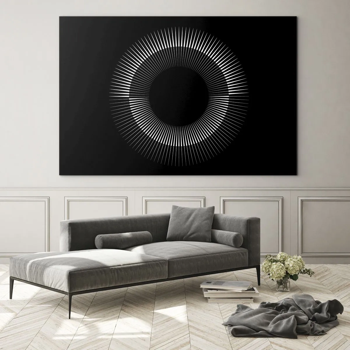 Glasbild - Bild auf glas - Weiße Strahlen bilden einen Kreis auf schwarzem Hintergrund - 120x80cm - Schwarze Sonne - Moderne Wanddekoration für Wohnzimmer und Schlafzimmer ARTTOR