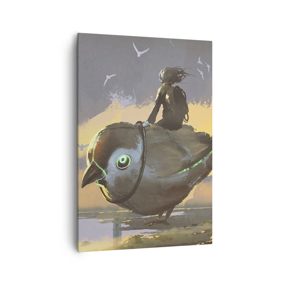 Bild auf Leinwand - Leinwandbild - Reiter auf einem riesigen Vogel in einer surrealen Landschaft - 70x100cm - Ein Stopp auf einer fantastischen Reise - Moderne Wanddekoration für Wohnzimmer und Schlafzimmer ARTTOR