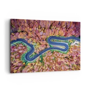 Bild auf Leinwand - Leinwandbild - Eine kurvenreiche Straße in einem herbstlichen Wald aus der Vogelperspektive gesehen - 100x70cm - Kurvenreicher Weg durch den Wald - Moderne Wanddekoration für Wohnzimmer und Schlafzimmer ARTTOR
