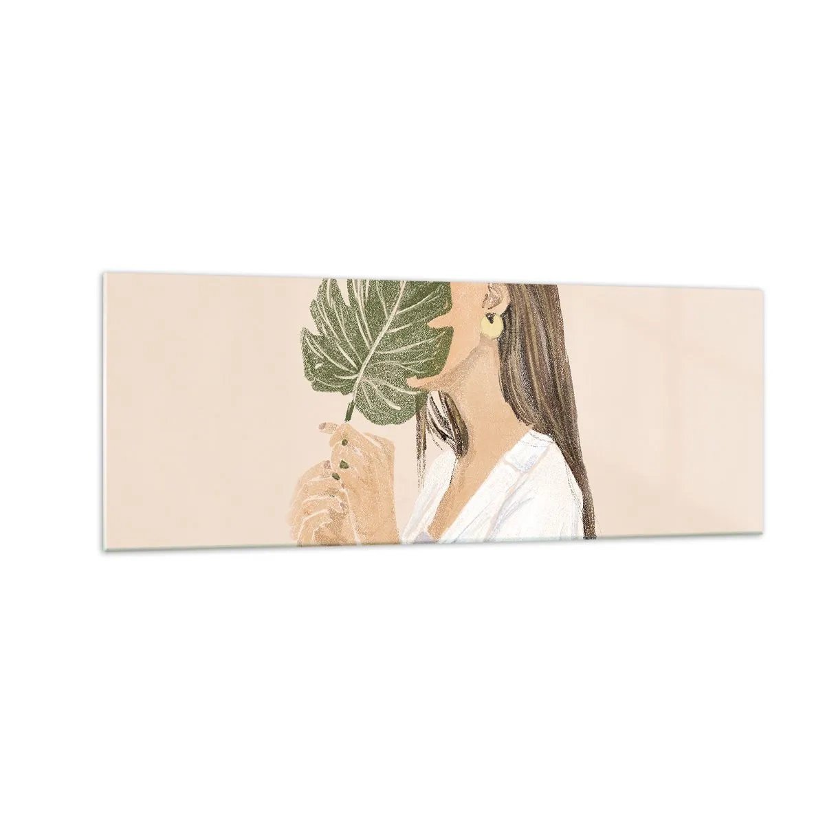 Glasbild - Bild auf glas - Porträt einer Frau mit einem Monstera-Blatt auf beigem Hintergrund - 140x50cm - Geheimnisvolles Porträt mit Fächer - Moderne Wanddekoration für Wohnzimmer und Schlafzimmer ARTTOR