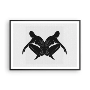 Poster in einem schwarzem Rahmen - Schwarze Silhouetten in symmetrischer Position auf weißem Hintergrund - 100x70cm - Gemeinsame Seele - Moderne Wanddekoration für Wohnzimmer und Schlafzimmer ARTTOR