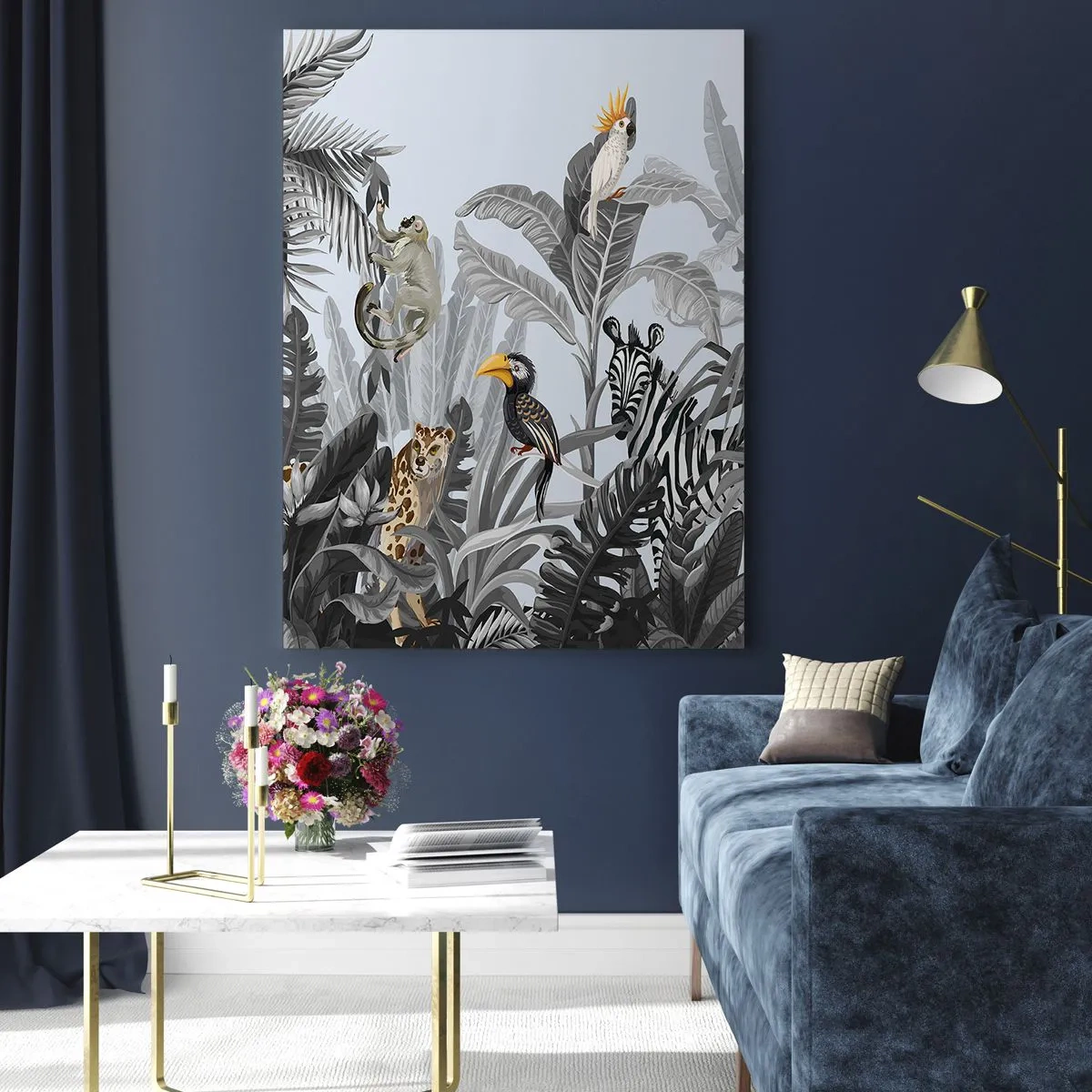 Glasbild - Bild auf glas - Exotische Tiere in einem schwarz-weißen Dschungel auf hellem Hintergrund - 50x70cm - Afrikanisches Märchen - Moderne Wanddekoration für Wohnzimmer und Schlafzimmer ARTTOR