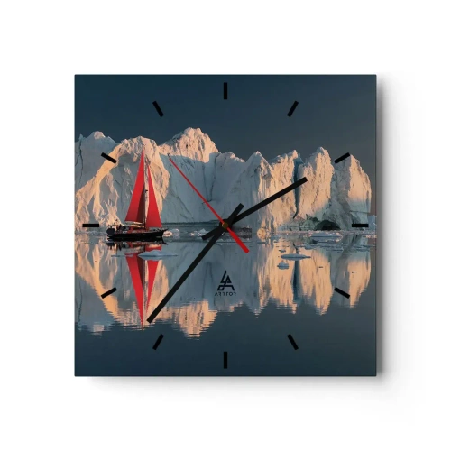 Wanduhr - Glasuhr - Ein Segelboot mit rotem Segel vor der Kulisse eines Gletschers - 30x30cm - Am Rande der Welt - Moderne Wanddekoration für Wohnzimmer und Schlafzimmer ARTTOR