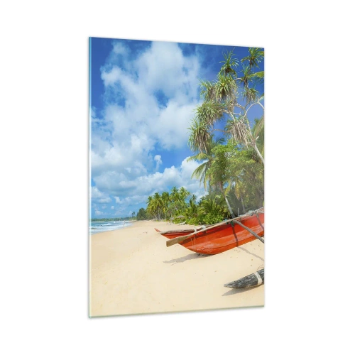 Glasbild - Bild auf glas - Tropischer Strand mit Palmen und traditionellen Booten - 50x70cm - Der Charme der Tropen - Moderne Wanddekoration für Wohnzimmer und Schlafzimmer ARTTOR