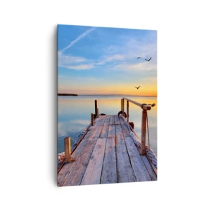 Bild auf Leinwand - Leinwandbild - Holzsteg bei Sonnenuntergang auf einem ruhigen See - 70x100cm - Lauf direkt der Sonne entgegen - Moderne Wanddekoration für Wohnzimmer und Schlafzimmer ARTTOR