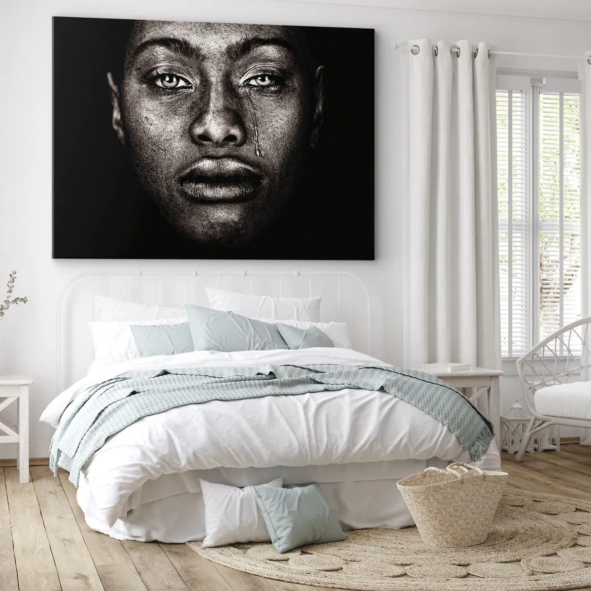 Bild auf Leinwand - Leinwandbild - Porträt eines Gesichts mit einer einzelnen Träne auf schwarzem Hintergrund - 70x50cm - Eine Träne - Moderne Wanddekoration für Wohnzimmer und Schlafzimmer ARTTOR