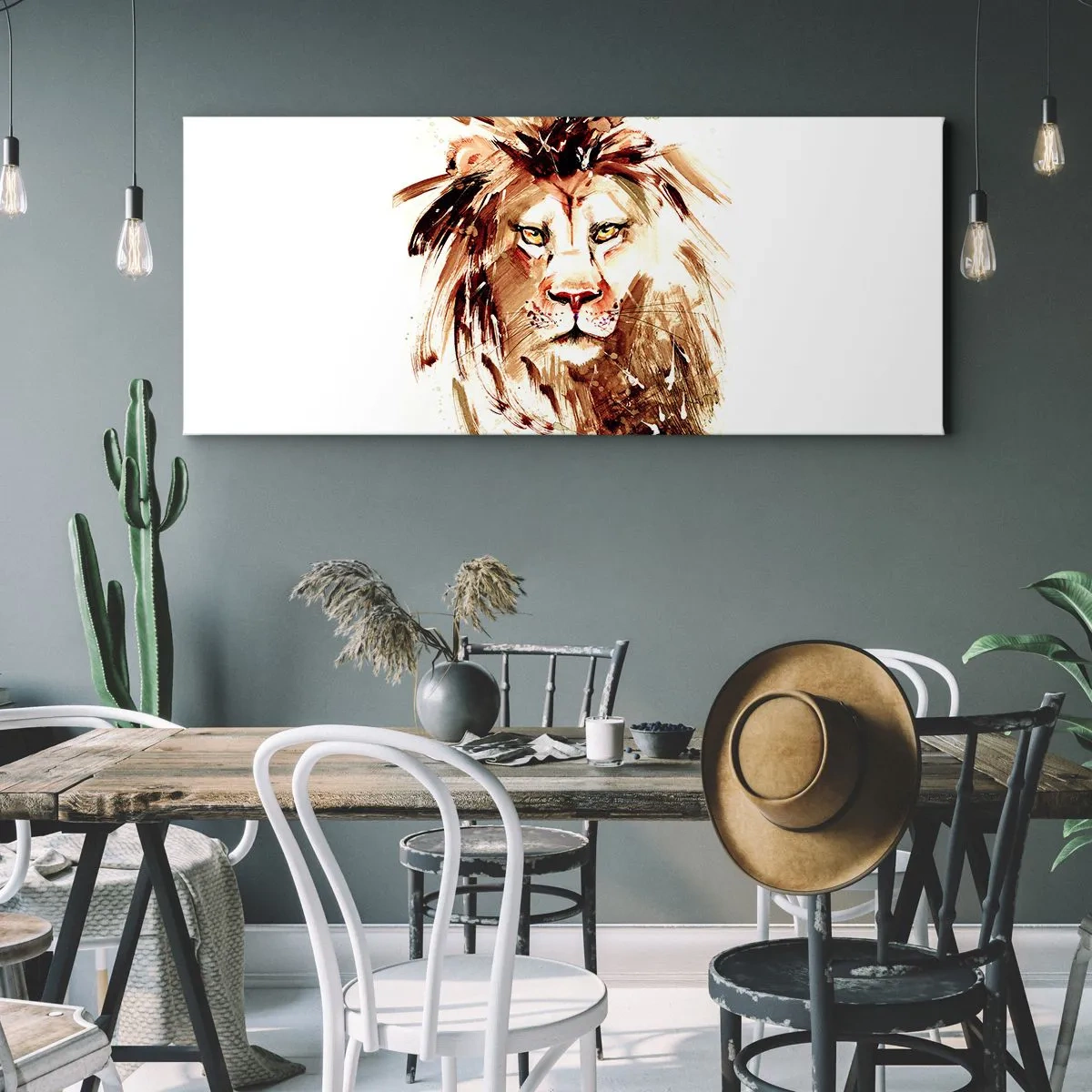Bild auf Leinwand - Leinwandbild - Aquarellporträt eines Löwen mit intensiven Details - 160x50cm - Stärke und Würde - Moderne Wanddekoration für Wohnzimmer und Schlafzimmer ARTTOR