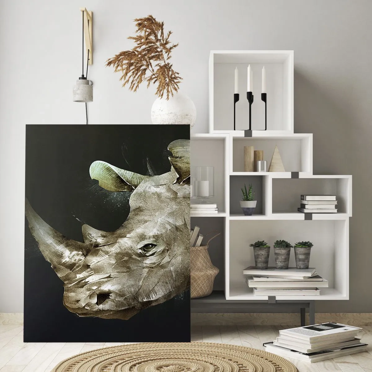 Glasbild - Bild auf glas - Künstlerische Darstellung eines Nashornkopfes vor dunklem Hintergrund - 50x70cm - Eine wahrhaft männliche Stärke - Moderne Wanddekoration für Wohnzimmer und Schlafzimmer ARTTOR