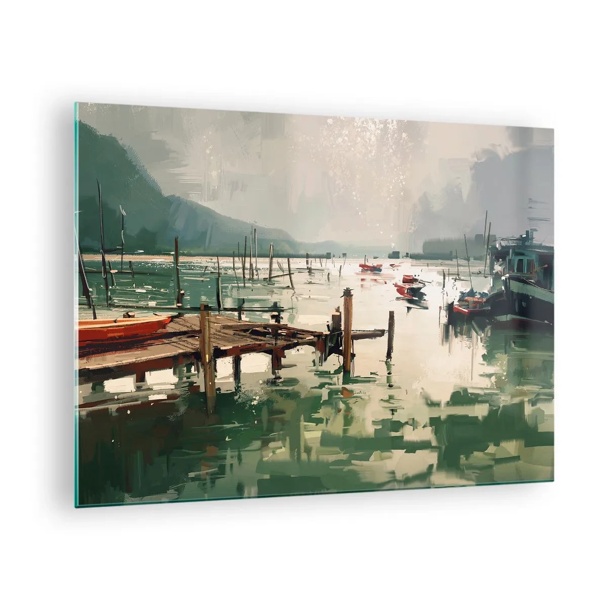 Glasbild - Bild auf glas - Ein Holzsteg und Boote auf ruhigem Wasser, umgeben von Bergen - 70x50cm - Durchnässt in einem geschmolzenen Mond - Moderne Wanddekoration für Wohnzimmer und Schlafzimmer ARTTOR
