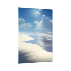 Glasbild - Bild auf glas - Ein Sandstrand mit Wellen unter blauem Himmel - 70x100cm - Paradiesischer Urlaub - Moderne Wanddekoration für Wohnzimmer und Schlafzimmer ARTTOR