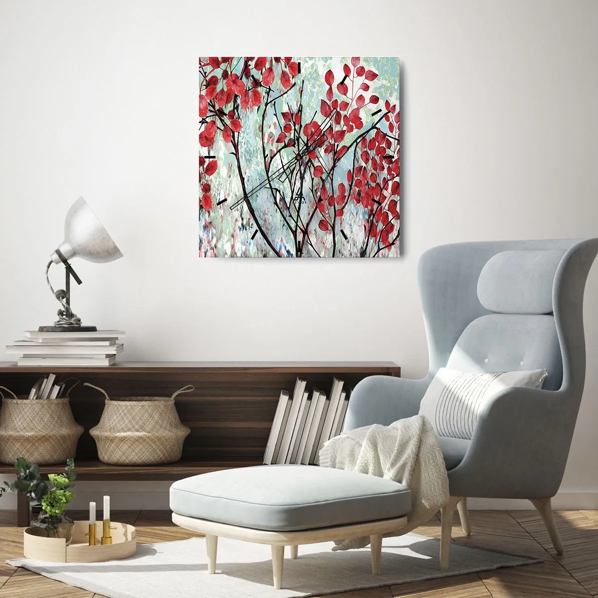 Wanduhr - Glasuhr - Rote Blätter vor einem hellen Himmel mit abstrakten Mustern - 30x30cm - Baum in Scharlachrot - Moderne Wanddekoration für Wohnzimmer und Schlafzimmer ARTTOR