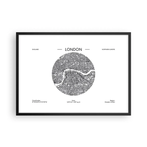 Poster in einem schwarzem Rahmen - Eine minimalistische Karte von London in Schwarzweiß mit präzisen Details. - 70x50cm - Anatomie von London - Moderne Wanddekoration für Wohnzimmer und Schlafzimmer ARTTOR